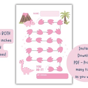 Könnte beinhalten: Ein druckbarer rosa Dinosaurier-Belohnungs-Chart mit einem Dinosaurier-Fußabdruck-Pfad, einem Vulkan, einer Palme und dem Text "You Did It!" und "My Reward".