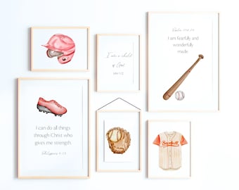 May include: Set of 8 printable wall art prints featuring baseball themed illustrations and inspirational quotes. The prints include a baseball glove, a baseball jersey, a baseball bat, a baseball cap, and inspirational quotes about faith and strength.