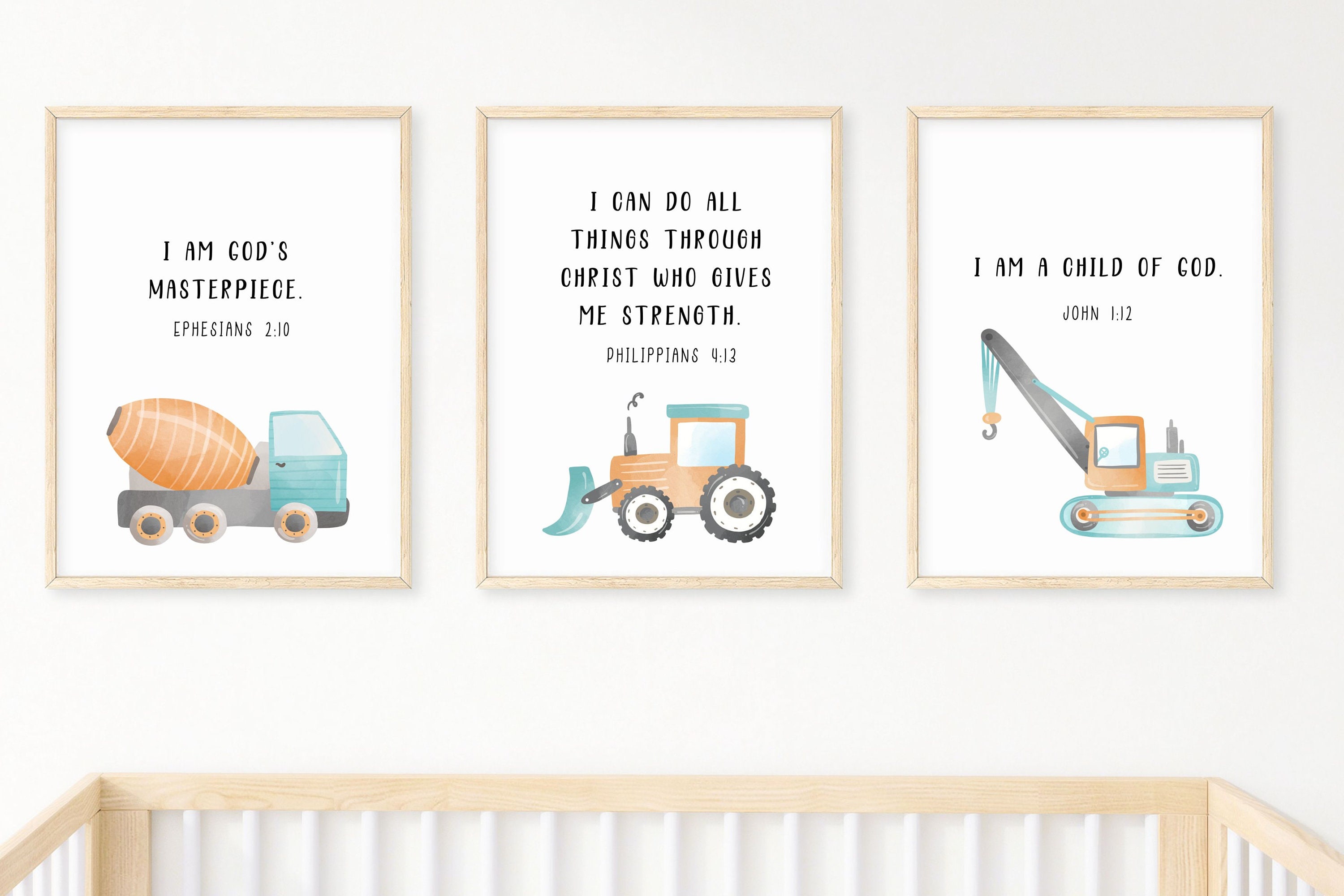 Bible Verse Construction Set of 3 Wall Art Transport Boy Nursery Wall Prints Road and car kid digital printable room décor toddler poster