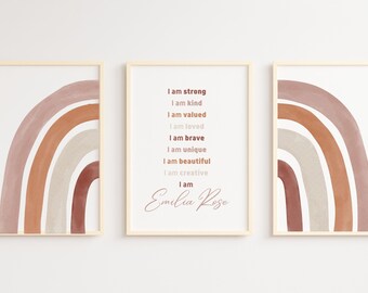 Personalisiertes Affirmation Set von 3 Kunstdrucken, Regenbogen Gender Neutral Name Positive Ermutigung Wandkunst, Inspiration Poster