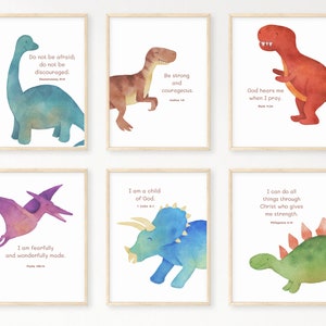 May include: Six watercolor dinosaur illustrations with inspirational bible verses. The dinosaurs are a brachiosaurus, velociraptor, tyrannosaurus rex, pterodactyl, triceratops, and stegosaurus.