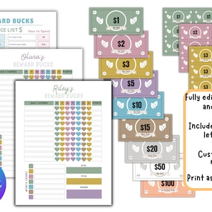 May include: Printable reward chart and play money set for kids. The chart features a colorful design with hearts and a space for daily chores. The play money is in denominations of $1, $2, $3, $5, $10, $15, $20, $50, and $100. The text on the image reads "Reward Bucks", "How to Earn", "Price List", "How to Spend", "Olivia's Reward Bucks", "Riley's Reward Bucks", "Daily Chores", "Points", "Fully editable charts and bucks!", "Includes 8.5" x 11" letter size", "Customizable names!", "Print as much as you like!"
