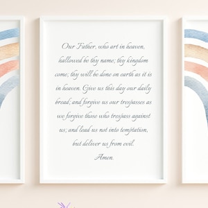 Lords Prayer Rainbow Nursery Wall Art set of 3 Our Father Prayer Boho Kids Room Posters Boys Religious Prints printable Bible wall art