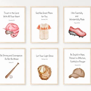 May include: Six framed watercolor prints featuring baseball-themed illustrations. Each print includes inspirational text and images of a baseball helmet, jersey, cleats, bat, glove, and cap. The prints are in a light wood frame.