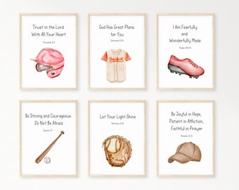May include: Six framed watercolour prints with baseball-themed illustrations. Each print includes inspirational text and images of a baseball helmet, jersey, cleats, bat, glove, and cap. The prints are in a light wood frame.