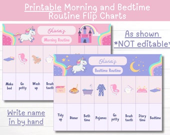 Morning and Bedtime Routine Flip Charts, Printable kids daily checklist, Visual schedule for toddler evening routine, Girls Unicorn Chart