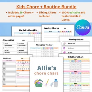 Editable Kids Chore Chart Bundle, Reward chart, School Routine, Behavior Chart, Responsibilities chart,  Daily Checklist, Weekly Chores PDF