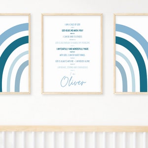 Regenbogen Bibel Affirmation 3er Set Wandkunst, Kauft Blau Kinderzimmer Christian Dekor, Babypartygeschenk für Jungen, Schrift Vers Affirmationen