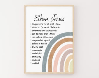 PERSONALIZED Boys Affermation Acquerello Rainbow Wall Art Print, Arredamento personalizzato per l'empowerment dei bambini, Sono gentile, sono forte, sono unico
