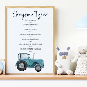 Impresión de pared personalizada de afirmaciones bíblicas, camión azul, versículo de las Escrituras de transporte personalizado para niños, decoración de guardería para bebés, regalo para bebés