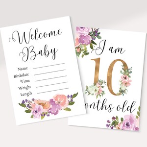 Floral Baby Milestone Cards, Newborn Girl Monthly Milestone prints, Floral rose pink purple cards, Baby shower gift for girl