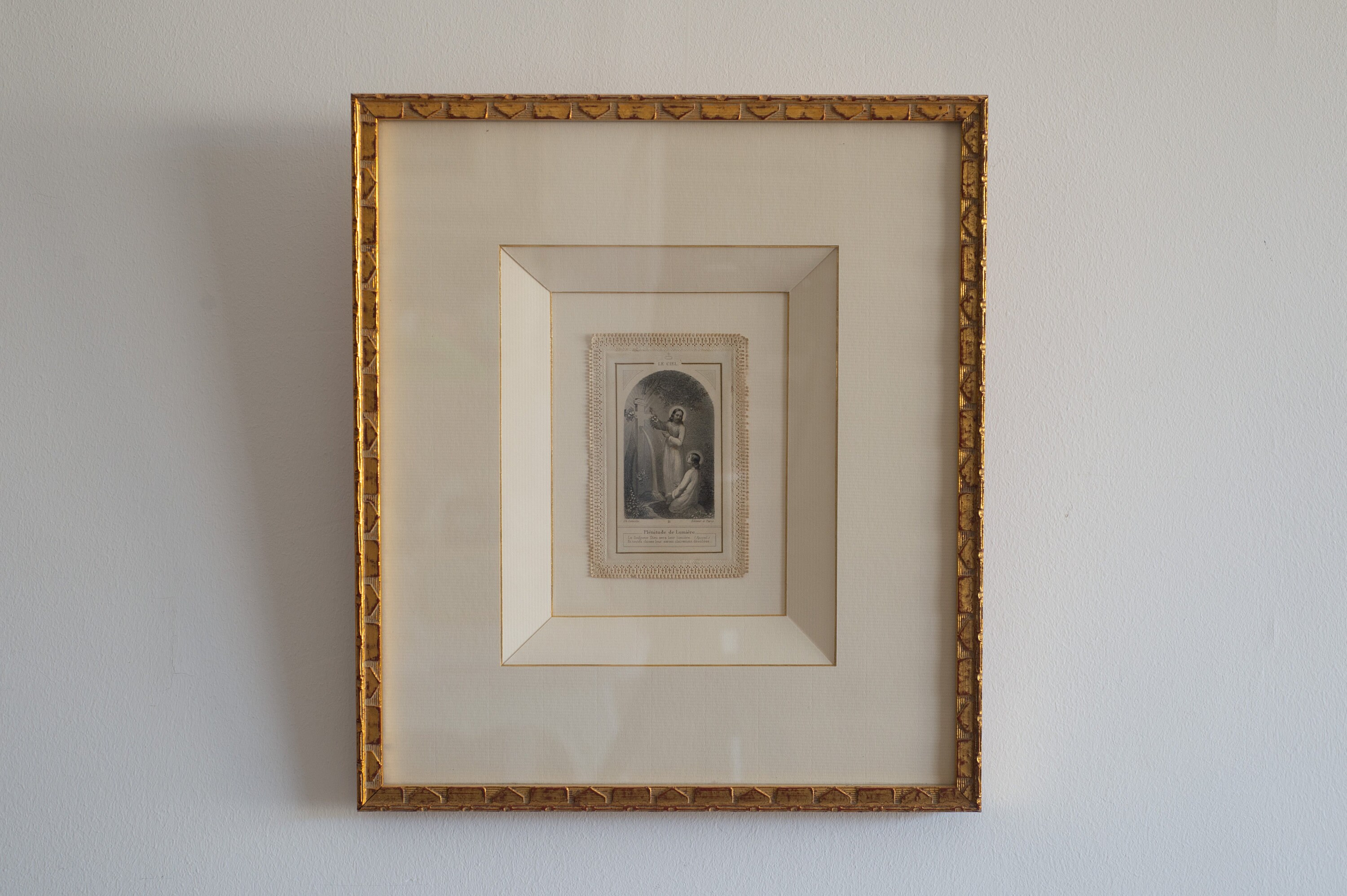 Tableau With A Pious Image in Canivet Lace Of 19Th Century & Gilded Frame Magnificent Marie-Louise |