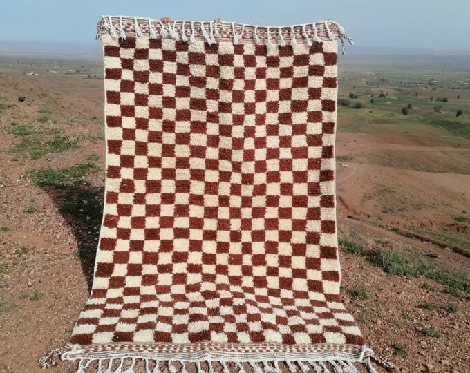 Brown Checkered Moroccan Rug, Beni Ourain Berber Moroccan Rug, Antique Rug Beni Ourain, Tapis Marocain