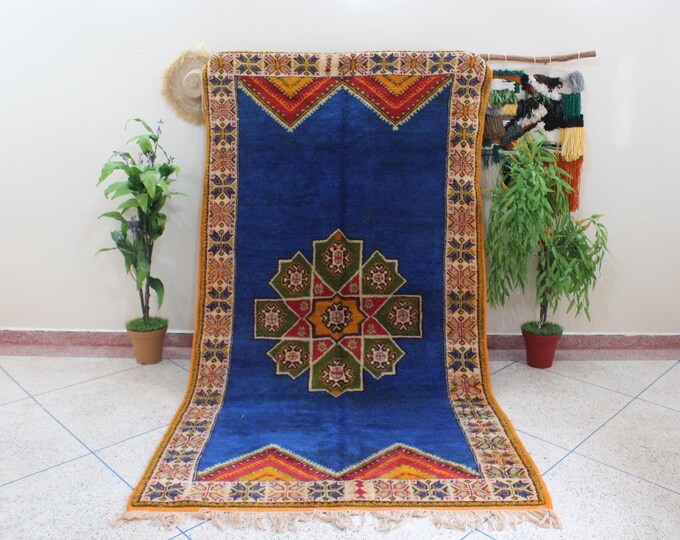 Vintage Handmade Moroccan rug , Abstract Blue carpet , Soft Blue rugs for living room, Free Shipping Rugs