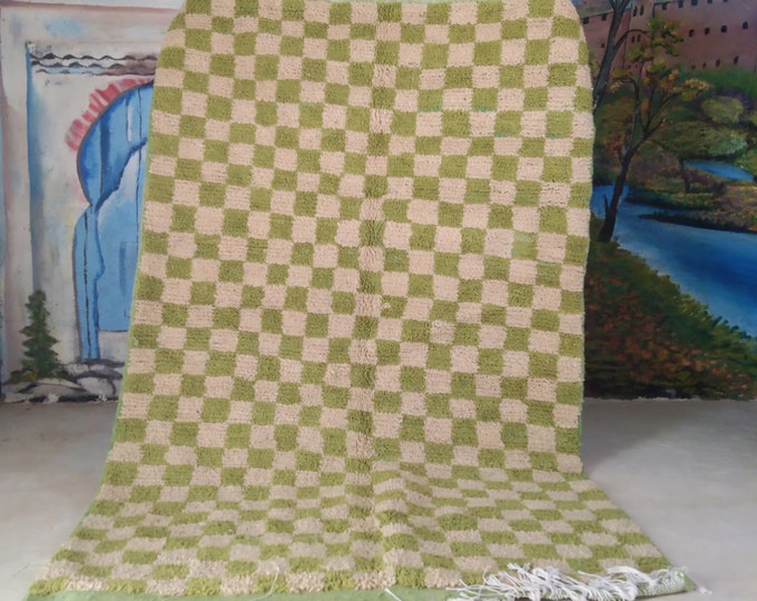 Checkered Beni Ourain Rug, Tribal Area Rug, Woven Rug, Pale Green Rug, Custom Moroccan Rug, Living Room Decor, Wool Rug, Beige Checkered Rug