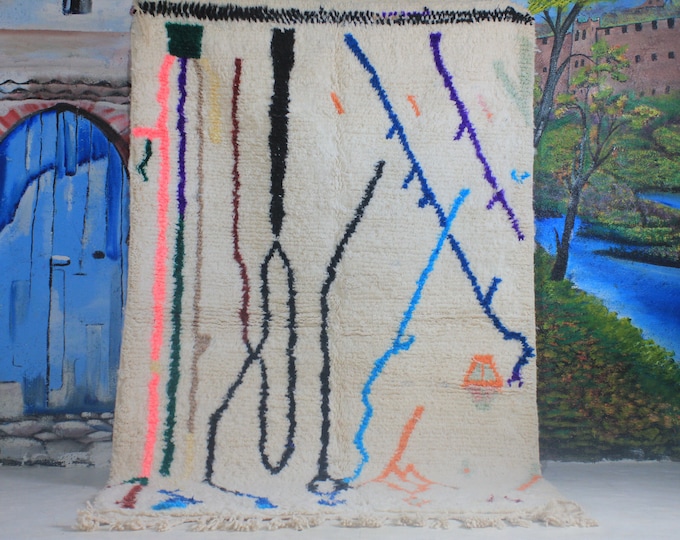 custom fabulous boujad rug, authentic moroccan rug, azilal rug, abstract multicolored carpet, handmade furniture, bohemian rug