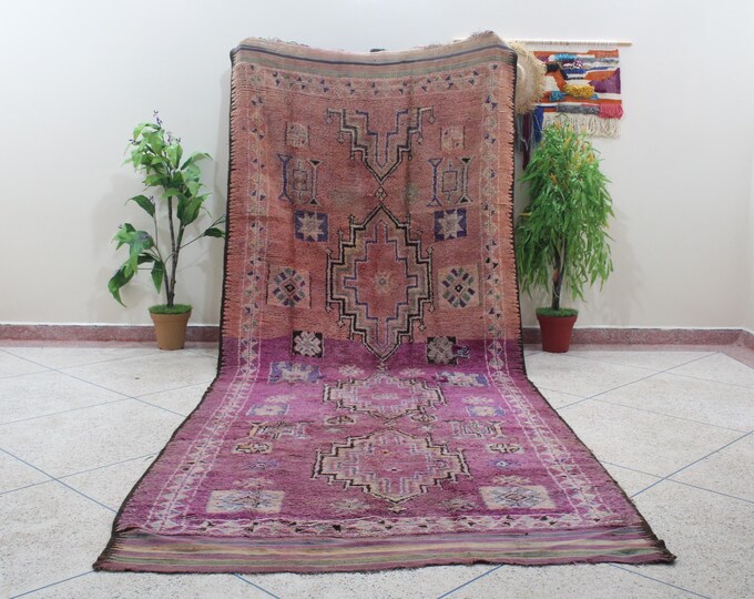 Vintage Handmade Wool  Boujaad Purple Area Rug Moroccan Living Room - 5.3X13ft
