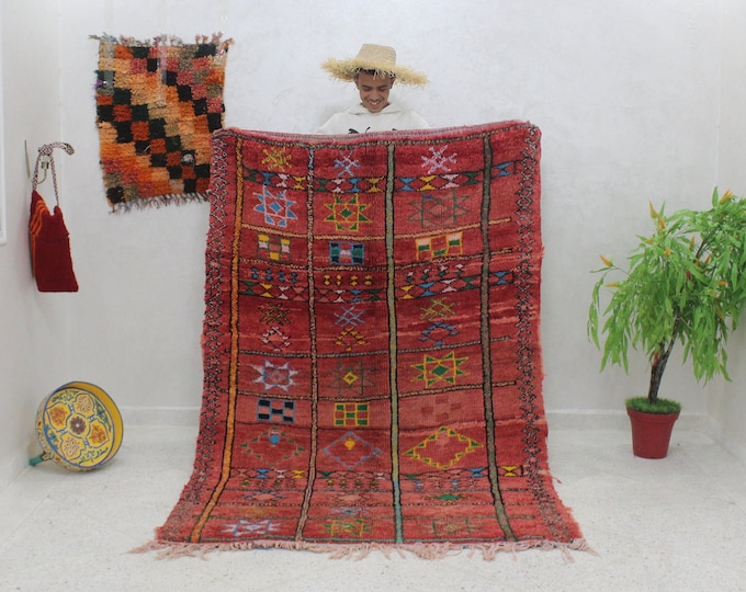 7x5 Vintage Handmade Wool Boujaad Area Rug Moroccan Living Room