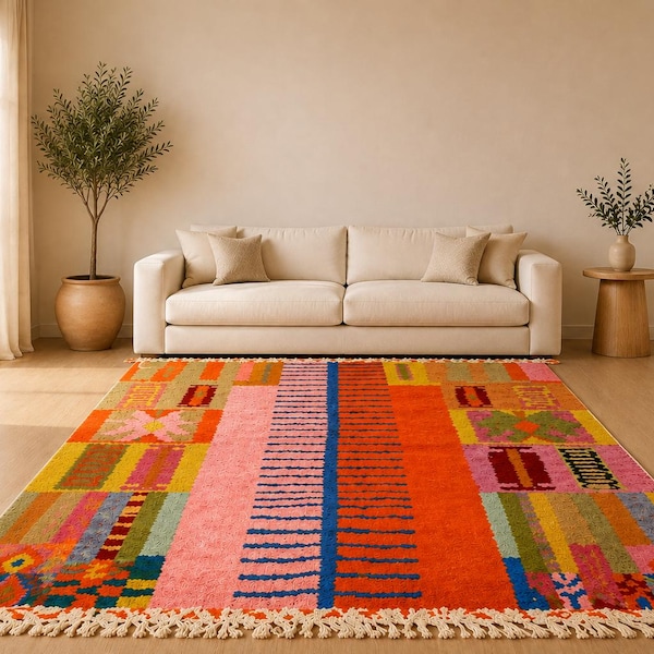 Pink & Orange Boujad Rug, Handmade Moroccan Wool Rug, Colorful Berber Area Rug, Custom Boho Carpet, Woven to Order