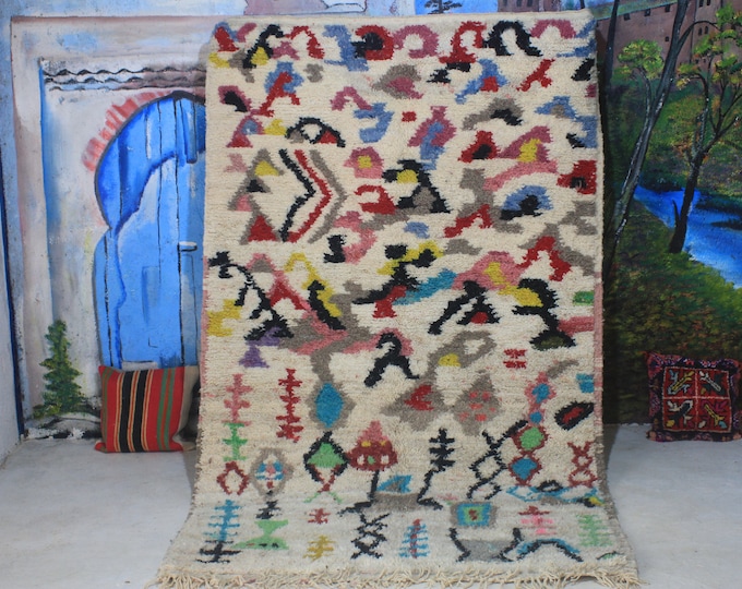 custom fabulous boujad rug, authentic moroccan rug, azilal rug, abstract multicolored carpet, handmade furniture, bohemian rug