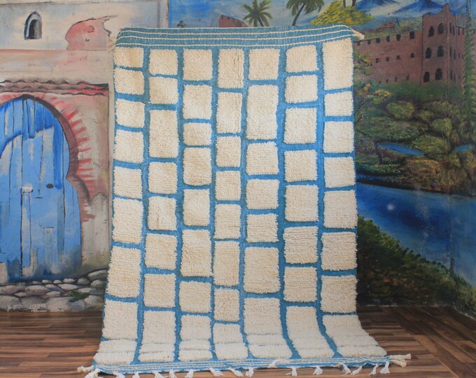 Wool checkered Moroccan white area rug