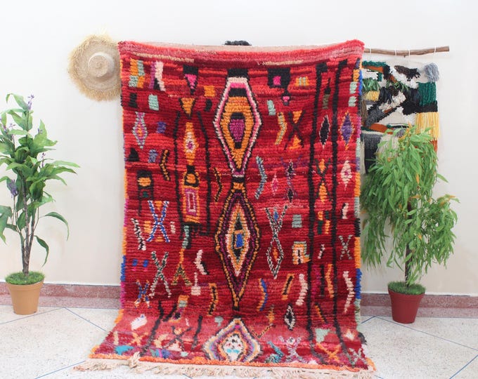 Vintage Moroccan Rug, Authentic Red Boujaad Rug 5x8 ft