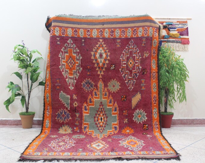 Vintage Handmade Wool  Boujaad Purple Area Rug Moroccan Living Room - 6.9X12ft