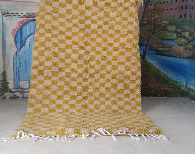 Checkered Beni Ourain Rug, Tribal Area Rug, Woven Rug, Yellow Rug, Custom Moroccan Rug, Living Room Decor, Wool Rug, Beige Checkered Rug