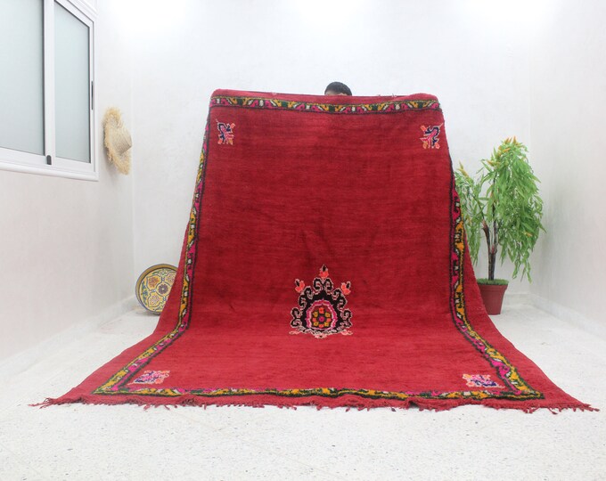 10x7 Vintage Handmade Wool Beni Ourain Red Area Rug Moroccan Living Room