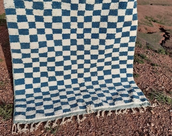Blue Checkered Moroccan Rug, Beni Ourain Berber Moroccan Rug, Antique Rug Beni Ourain, Tapis Marocain