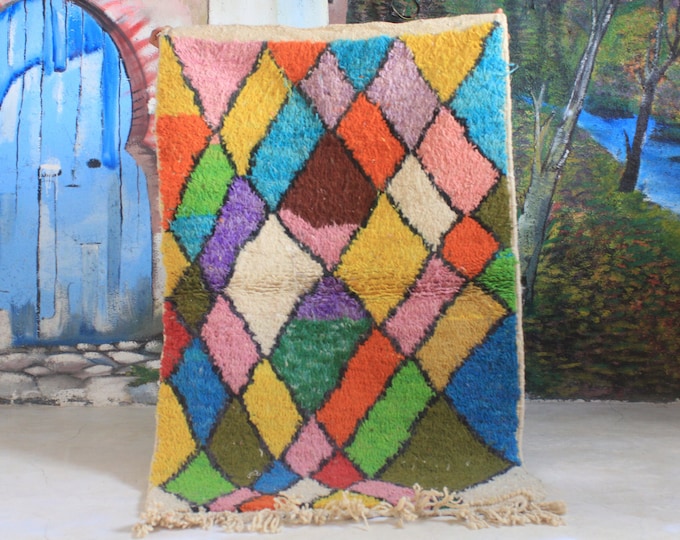 moroccan rug, custom fabulous boujad rug, authentic, azilal rug, abstract multicolored carpet