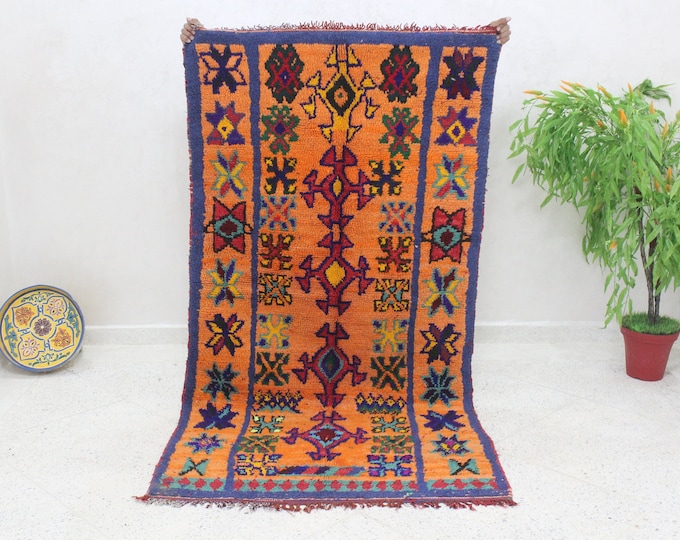 Authentic Moroccan Rug, Vintage Orange Boujaad Rug, 6.8ftx3.6ft,