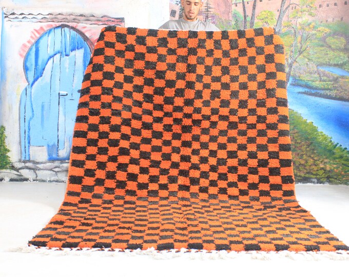 Moroccan checkered rug, checkered morrocan rug, Orange moroccan rug, checkered moroccan rug, Orange checkered rug, black and Orange rug