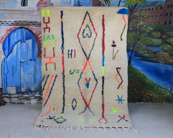 custom fabulous boujad rug, authentic moroccan rug, azilal rug, abstract multicolored carpet, handmade furniture, bohemian rug