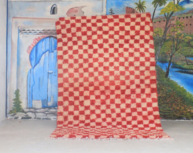 Checkered Beni Ourain Rug, Tribal Area Rug, Woven Rug, Orange Rug, Custom Moroccan Rug, Living Room Decor, Wool Rug, Beige Checkered Rug