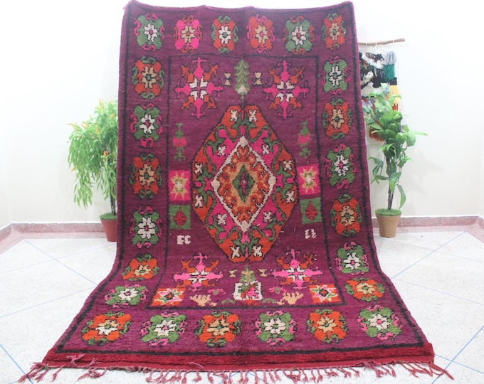 Authentic vintage moroccan rug - Rehamna - 6x12feet / 212x366cm -Purple and Pink Bright colors Moroccan Living Room