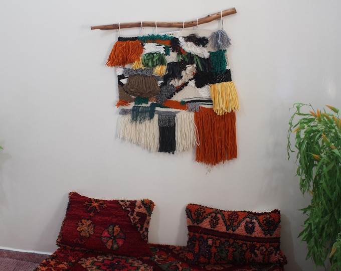moroccan abstract textile wall art, boho home decor perfect for the bedroom, minimalistic yarn abstract tapestry, unique chunky artwork
