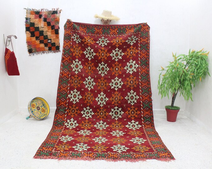 9x5 Vintage Handmade Wool Boujaad Area Rug Moroccan Living Room