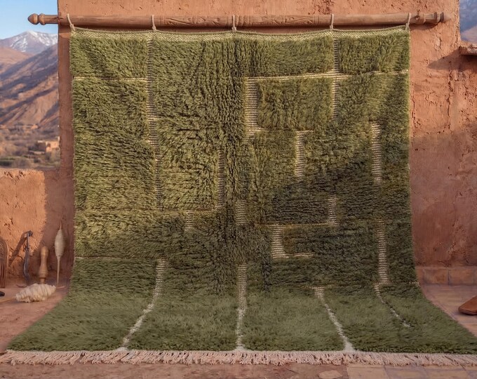 Olive Green Moroccan Rug: Handwoven Boujaad Wool Carpet with Plush Texture For living Room