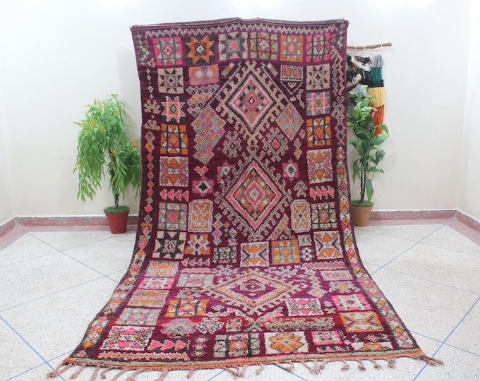 Authentic Vintage Handmade Wool Boujad Rug Purple and Pink Moroccan Living Room