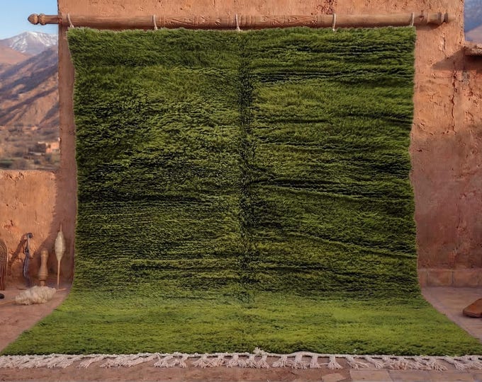 Olive Green Beni Ourain Wool Rug, Custom Handwoven Moroccan Berber Shaggy Area Rug