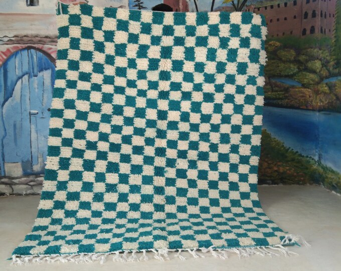 Checkered Beni Ourain Rug, Tribal Area Rug, Woven Rug, Pale Blue Rug, Custom Moroccan Rug, Living Room Decor, Wool Rug, Beige Checkered Rug
