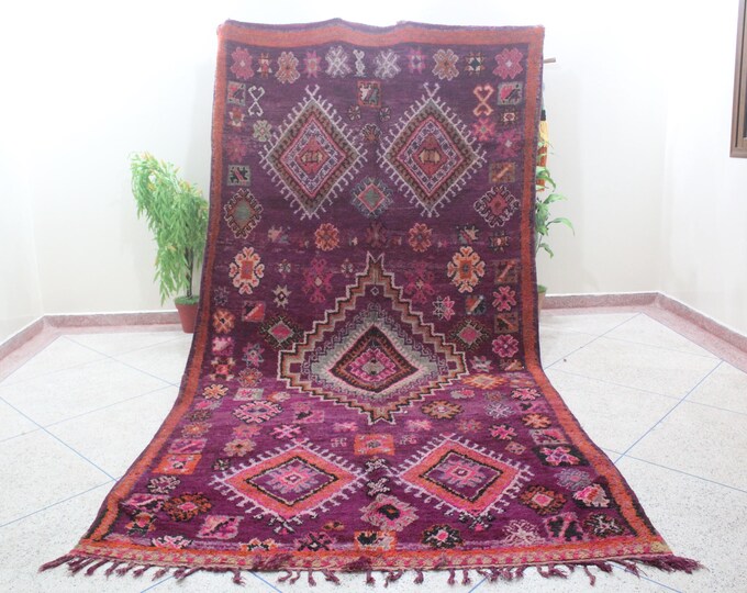Vintage Handmade Wool Boujad Rug Purple and Pink Bright colors Moroccan Living Room