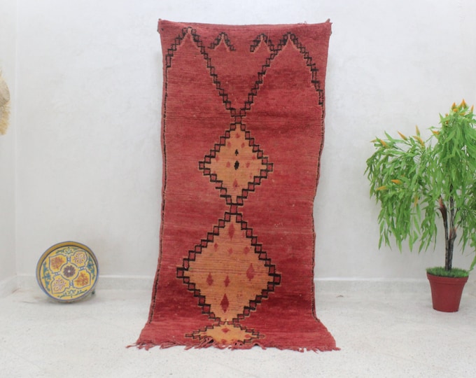 Authentic Moroccan Rug, Vintage Red Boujaad Rug, 7.2 ft x 3.2 ft,