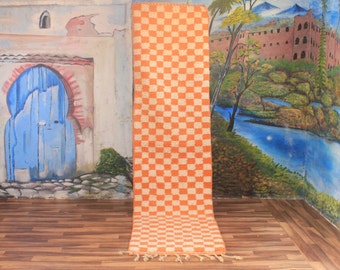 Moroccan rug Runner - Checkered runner rug - Checkered rug - Moroccan Checkered rug - Orange and white Berber rug - Hallway rug Wool