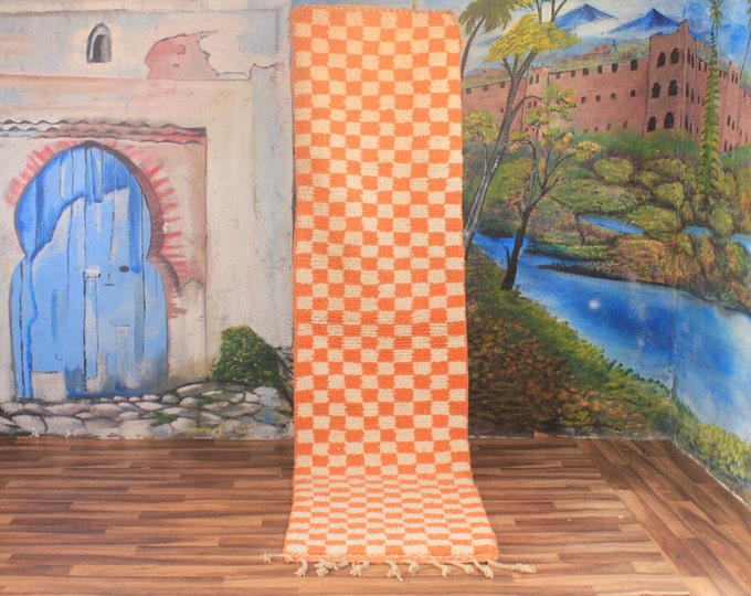 Moroccan rug Runner - Checkered runner rug - Checkered rug - Moroccan Checkered rug - Orange and white Berber rug - Hallway rug Wool