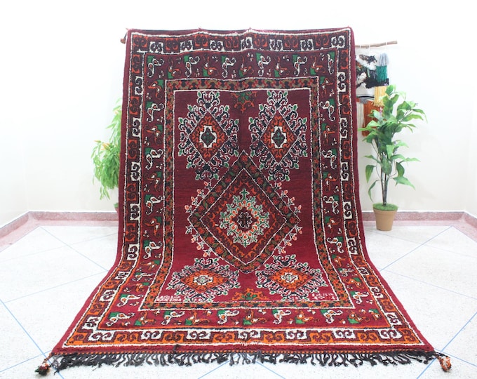Authentic Vintage Handmade Wool Boujad Rug Red and Orange Moroccan Living Room