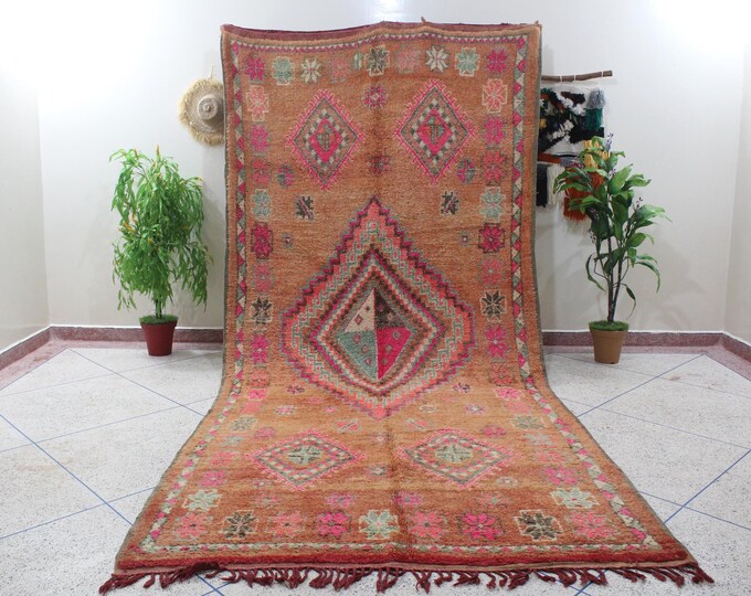 Vintage Handmade Wool  Boujaad Pink Area Rug Moroccan Living Room - 6X14ft