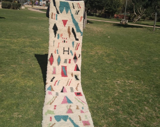 long Moroccan wool runner, woven vintage runner Rug in size:3.40X0.70cm