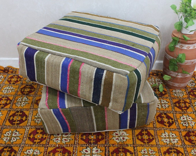 Moroccan Kilim Pouf, Floor Cushion, Vintage Moroccan Bujaad cushion
